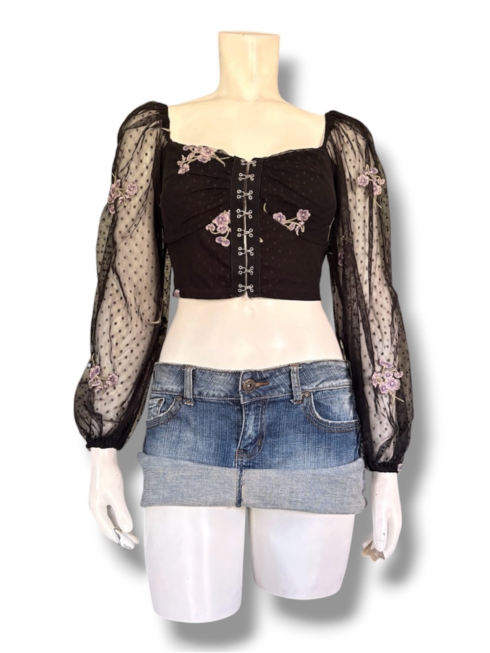 Windsor | Cropped Floral Embroidery Y2K Grunge Goth Hook and Eye Mesh Sleeve Top